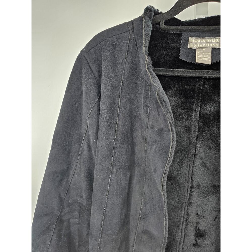 Laura Leigh Womens Sz XL Open Front Faux Suede Jacket Faux Fur Trim Black - Picture 2 of 4
